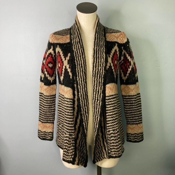 Pink Republic Southwestern Open Front Cardigan Knit Sweater Tan Red Black Size M - Picture 1 of 16